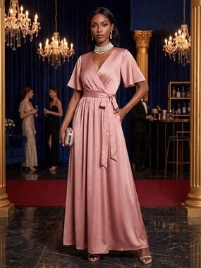 Baltic Born NWT Satin Chiffon Wrap Maxi Dress Dusty Rose M